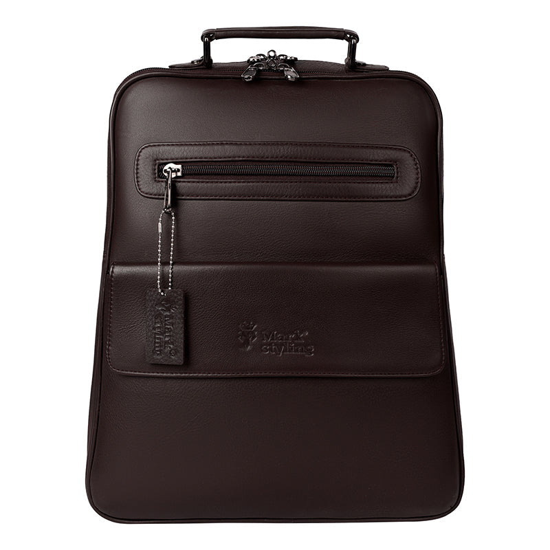 MarkStyling – Classic Dark Brown Smooth Leather Backpack with Minimalist Front Pocket