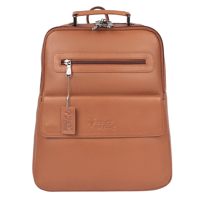 MarkStyling – Classic Tan Leather Backpack with Top Handle and Front Pocket