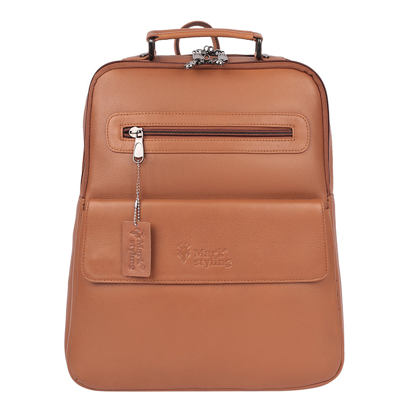 MarkStyling – Classic Tan Leather Backpack with Top Handle and Front Pocket