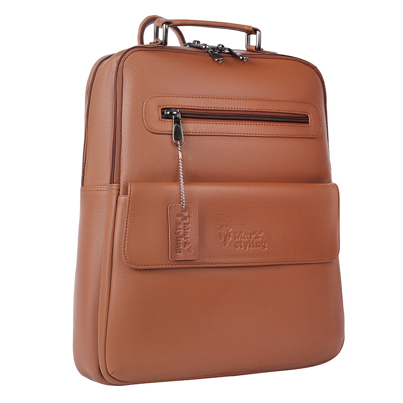 MarkStyling – Classic Tan Leather Backpack with Top Handle and Front Pocket