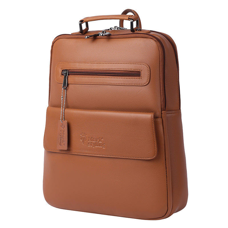 MarkStyling – Classic Tan Leather Backpack with Top Handle and Front Pocket
