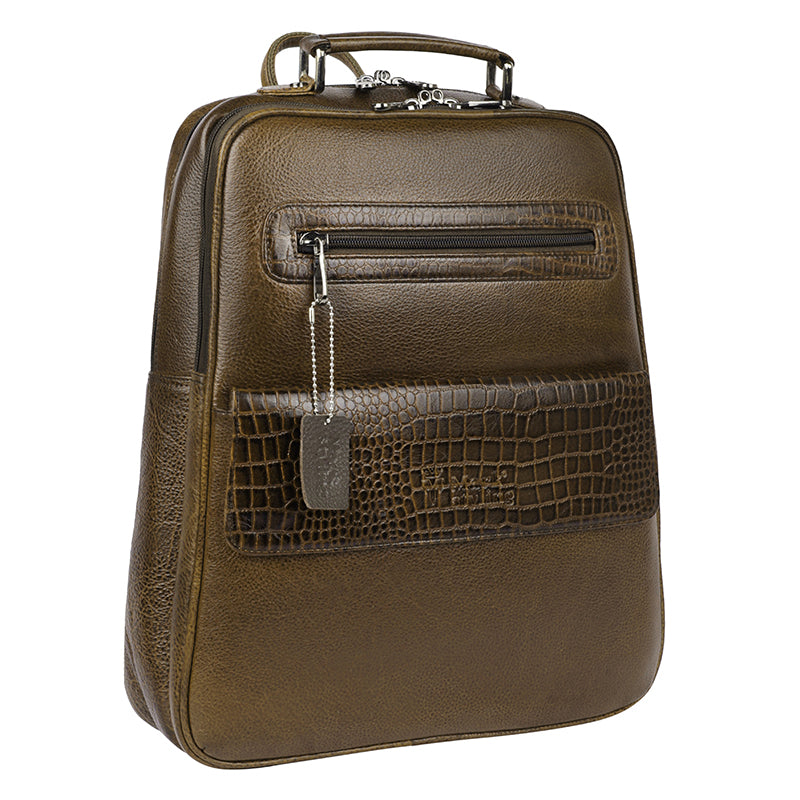 MarkStyling – Croc-Textured Olive Green Leather Backpack with Top Handle