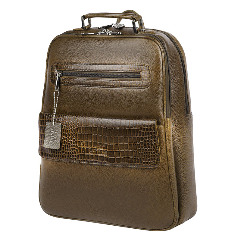 MarkStyling – Croc-Textured Olive Green Leather Backpack with Top Handle