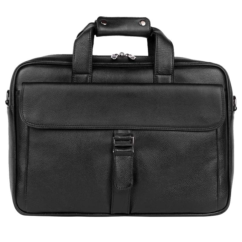 MarkStyling – Rich Black Leather Office Laptop Bag with Buckle Flap Pocket Design