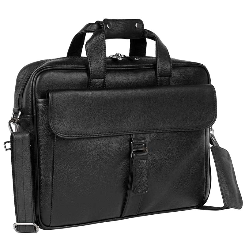 MarkStyling – Rich Black Leather Office Laptop Bag with Buckle Flap Pocket Design
