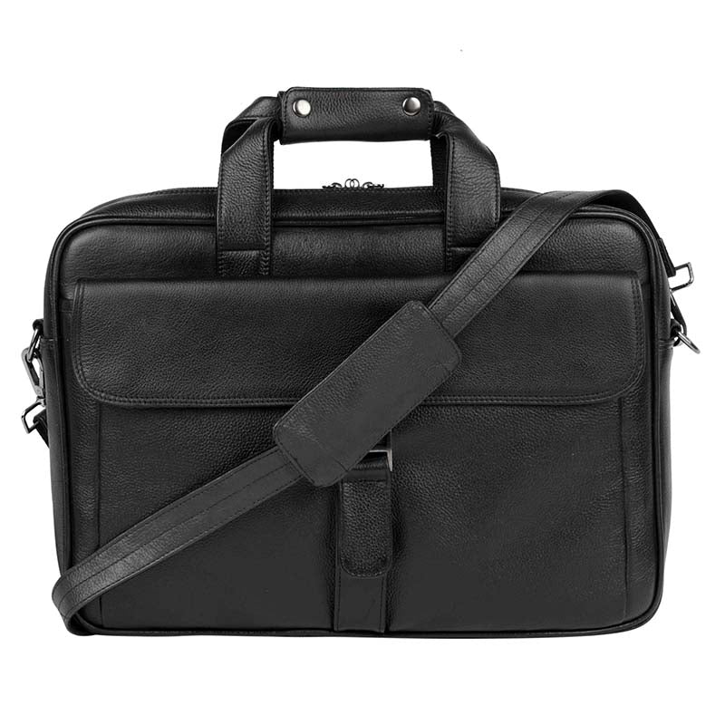 MarkStyling – Rich Black Leather Office Laptop Bag with Buckle Flap Pocket Design