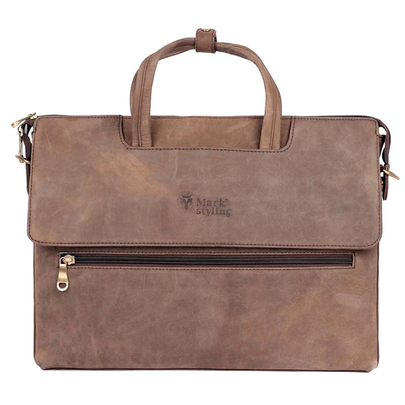 MarkStyling – Vintage Tan Leather Laptop Bag with Front Zipper and Twin Handles