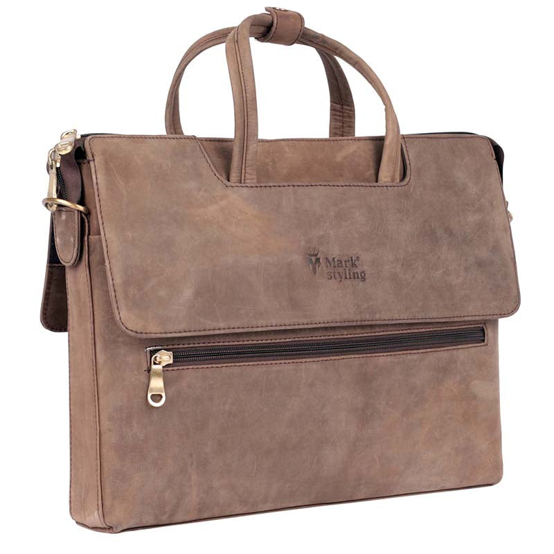 MarkStyling – Vintage Tan Leather Laptop Bag with Front Zipper and Twin Handles