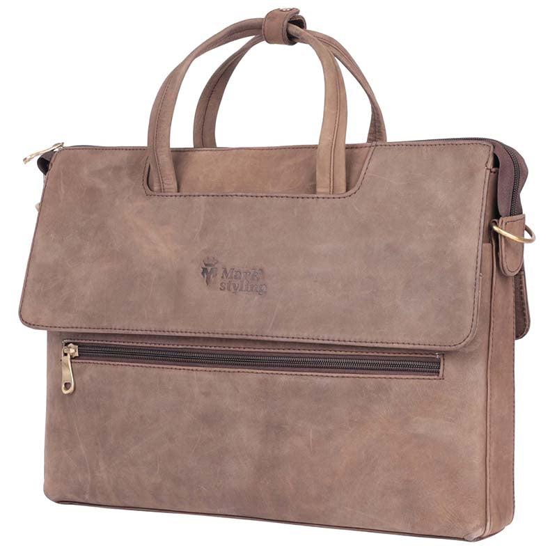 MarkStyling – Vintage Tan Leather Laptop Bag with Front Zipper and Twin Handles