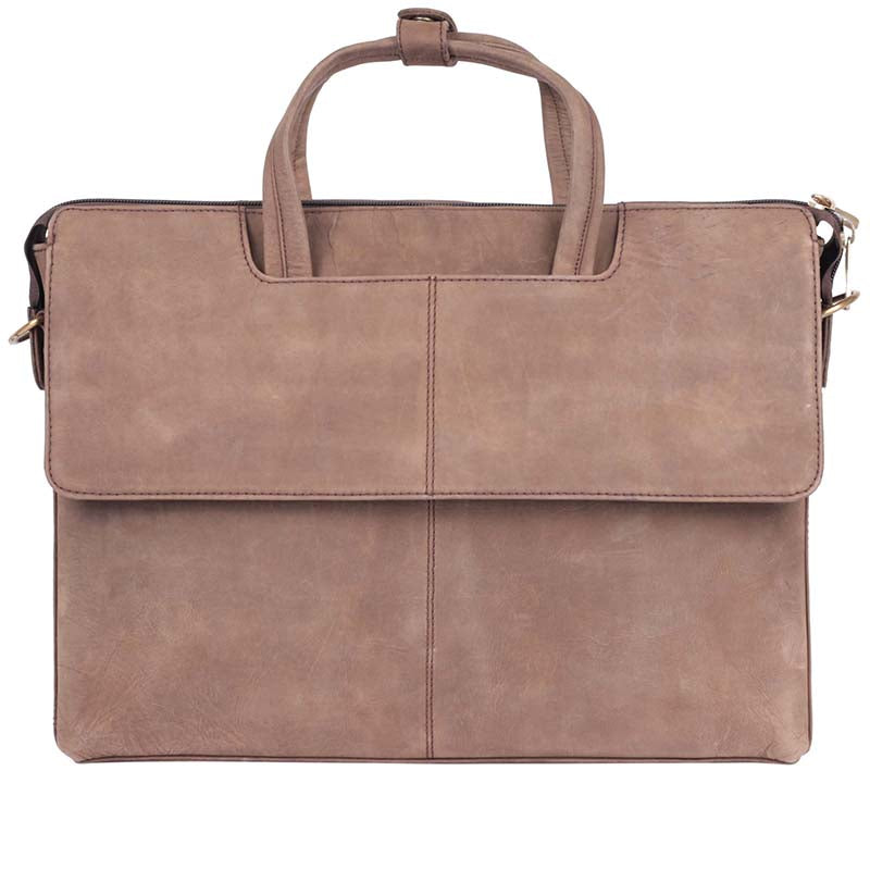 MarkStyling – Vintage Tan Leather Laptop Bag with Front Zipper and Twin Handles