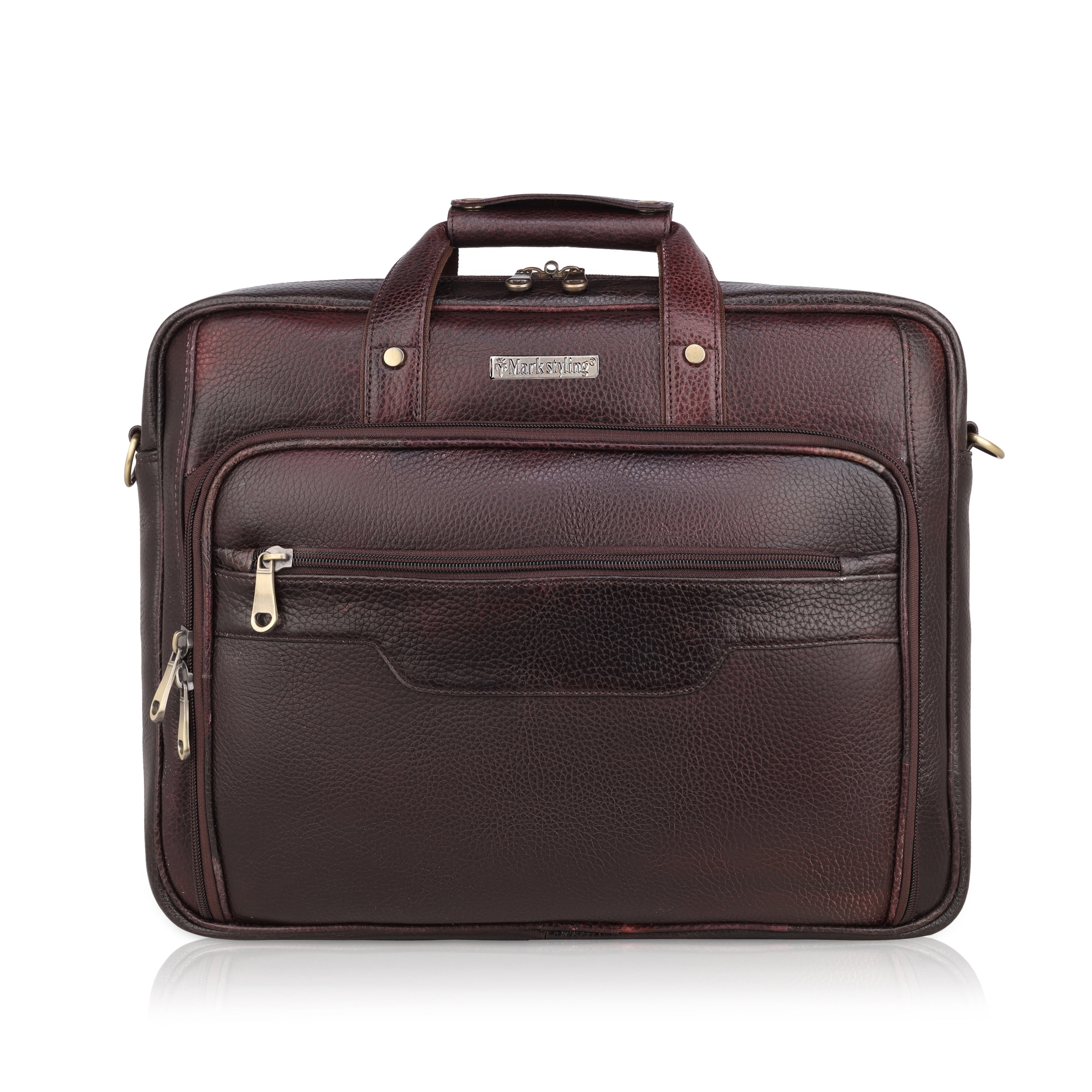 MarkStyling – Premium Dark Brown Leather Laptop Bag with Dual Zipper
