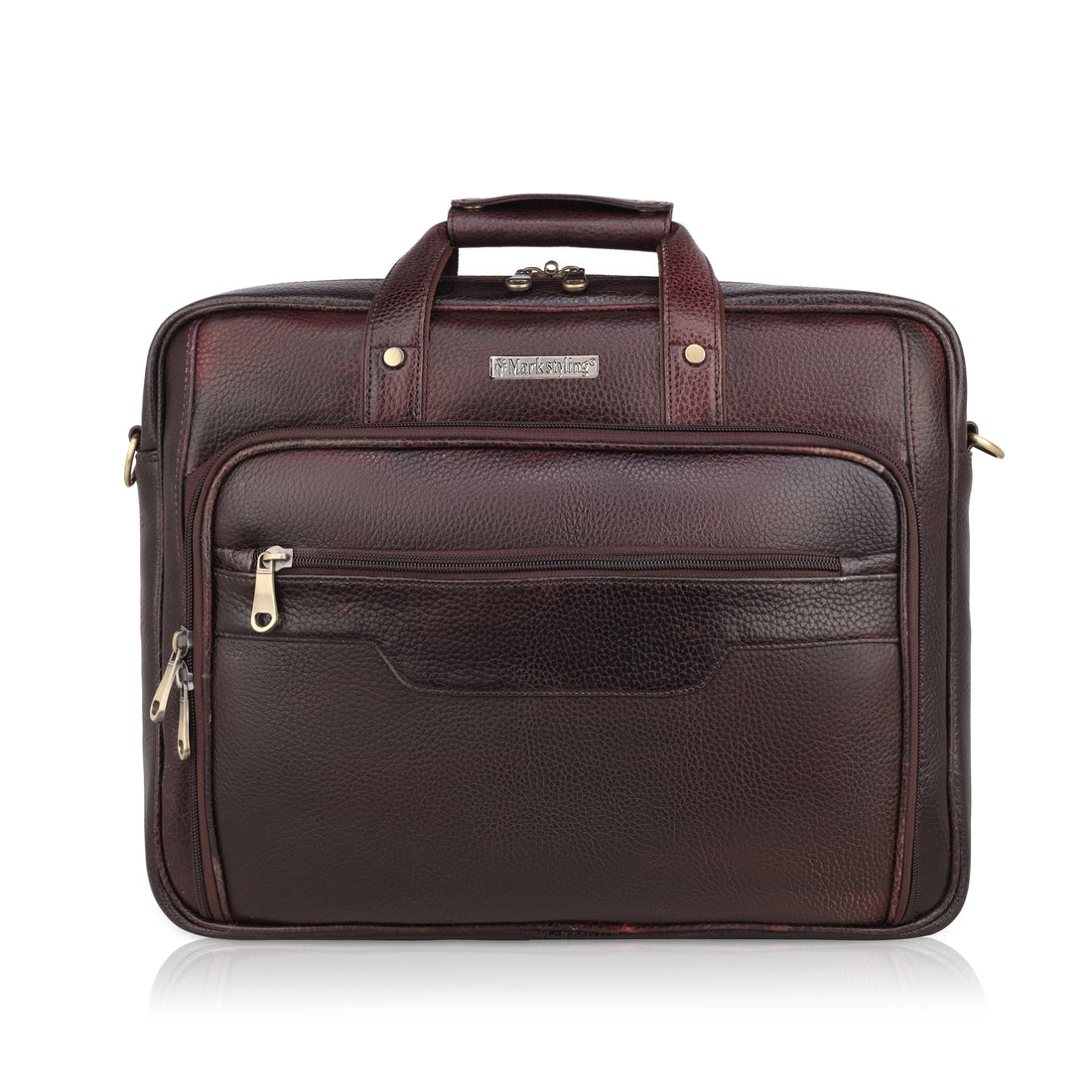 MarkStyling – Premium Dark Brown Leather Laptop Bag with Dual Zipper