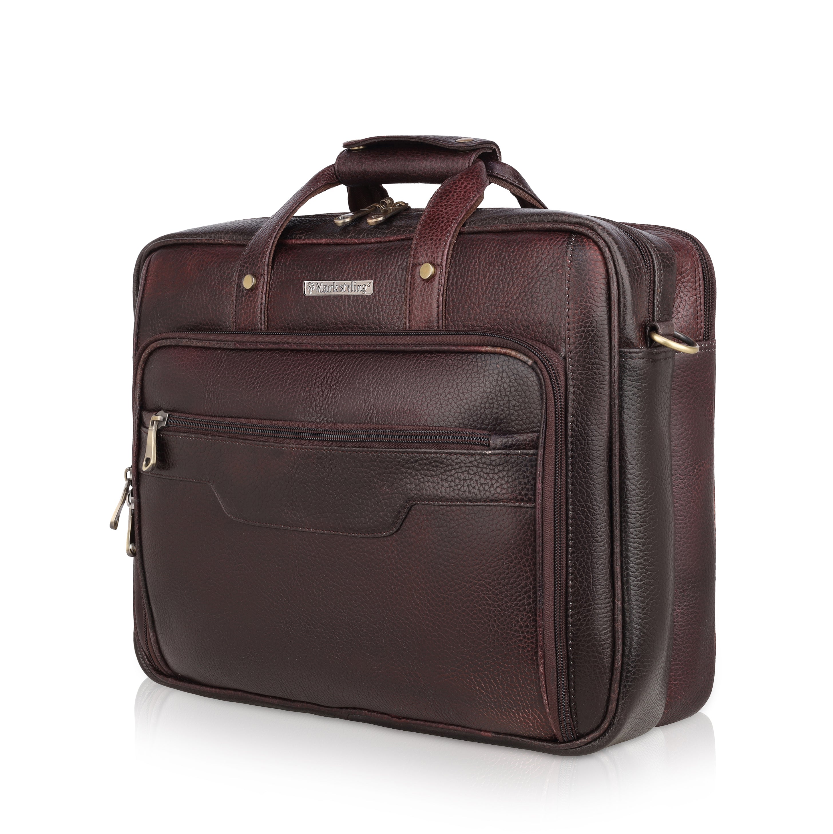 MarkStyling – Premium Dark Brown Leather Laptop Bag with Dual Zipper
