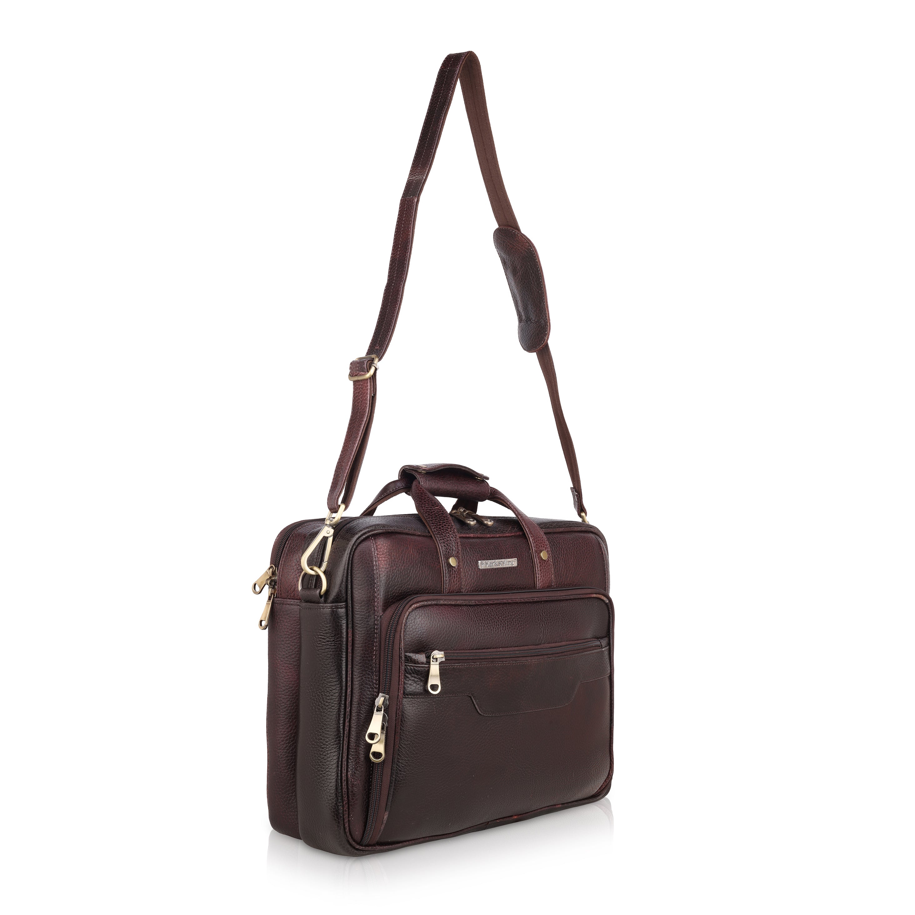 MarkStyling – Premium Dark Brown Leather Laptop Bag with Dual Zipper