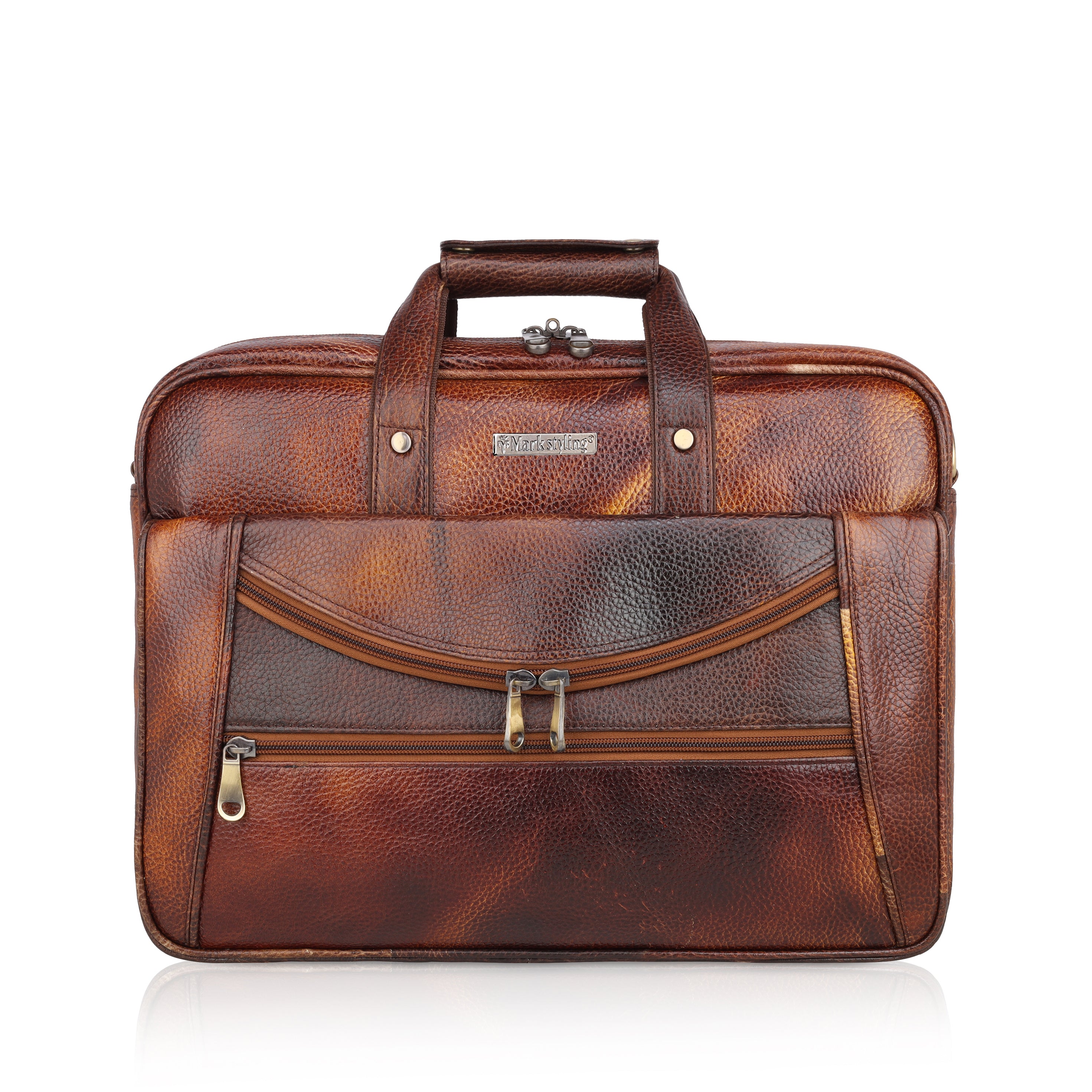 MarkStyling – Vintage Brown Leather Laptop Bag with Curved Front Zipper