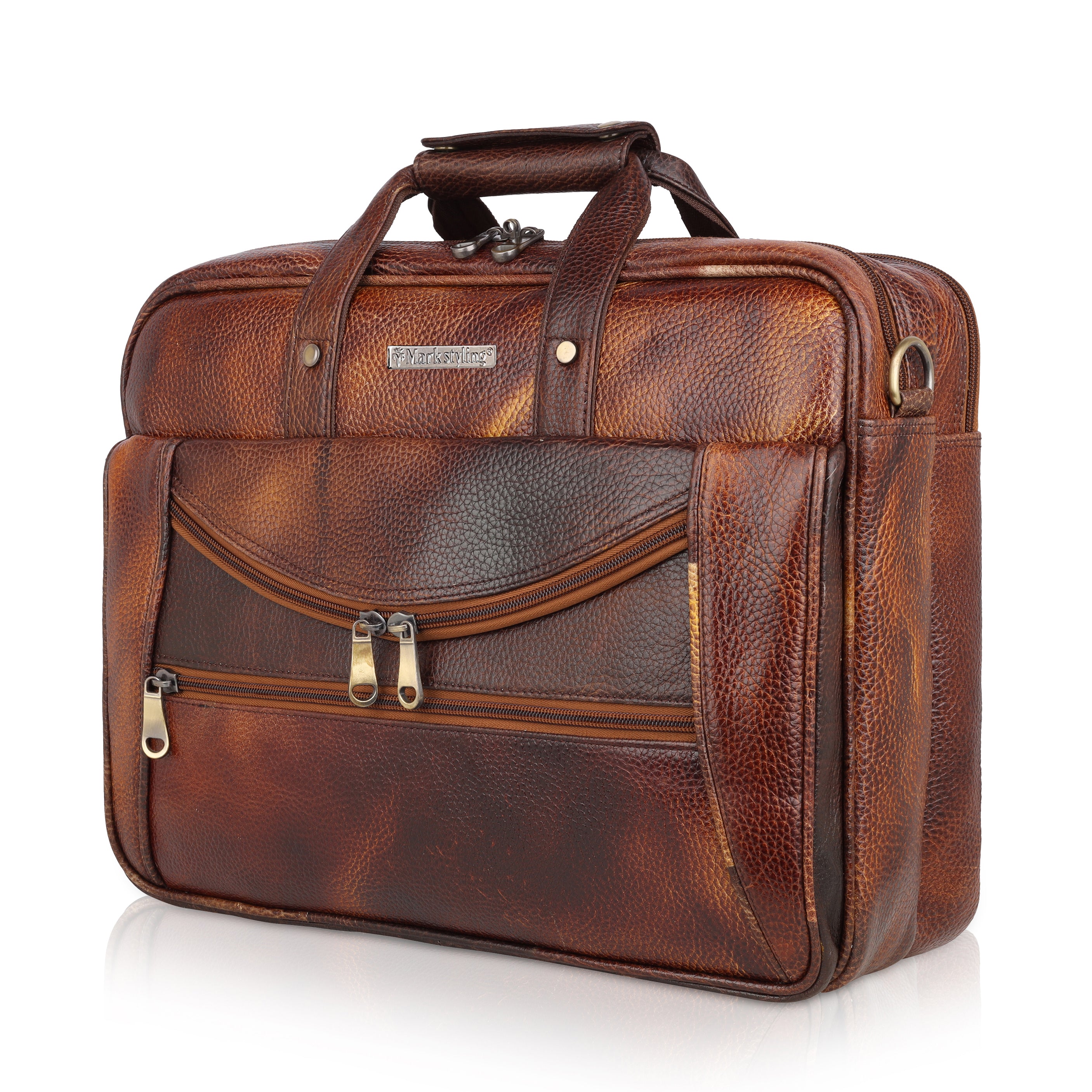 MarkStyling – Vintage Brown Leather Laptop Bag with Curved Front Zipper