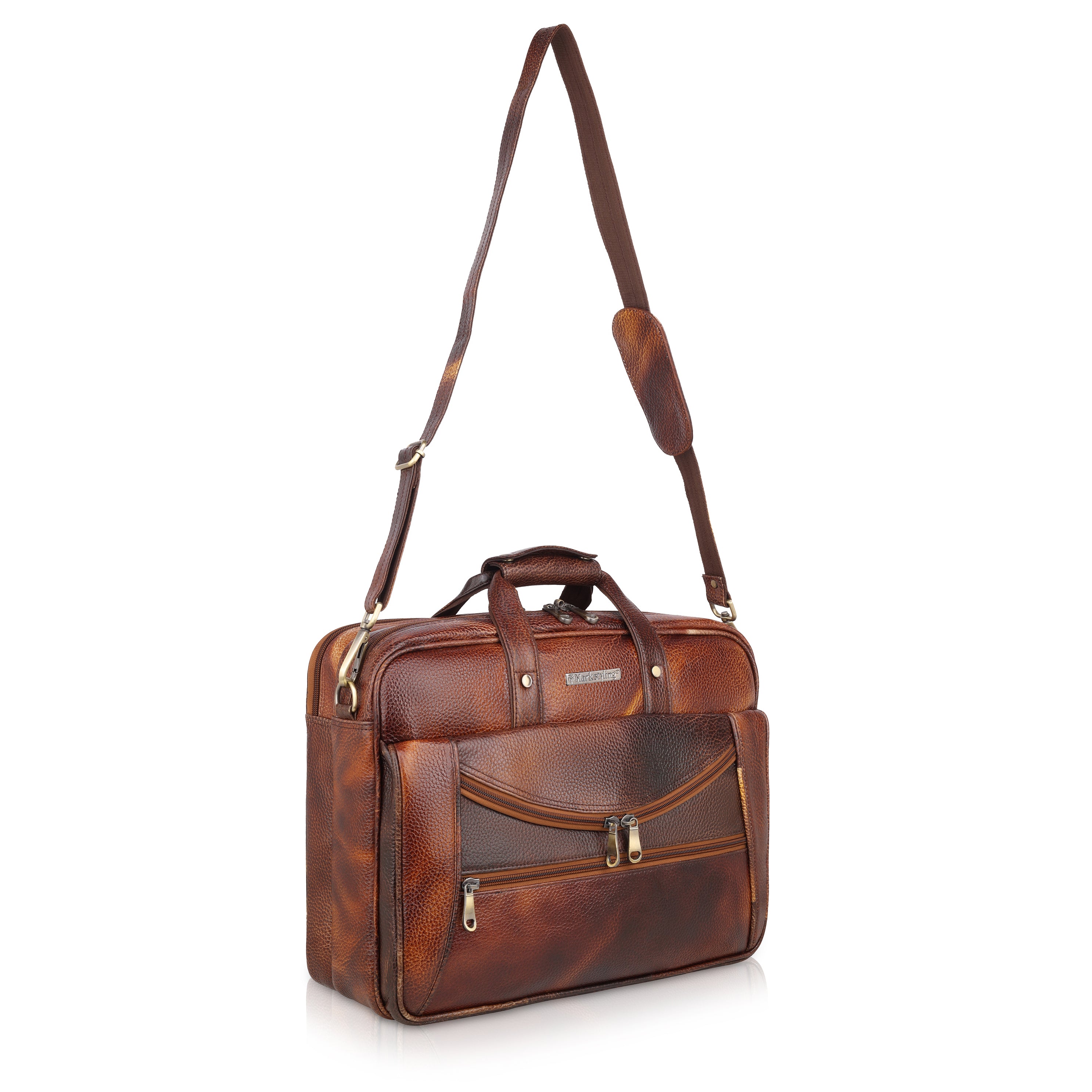 MarkStyling – Vintage Brown Leather Laptop Bag with Curved Front Zipper