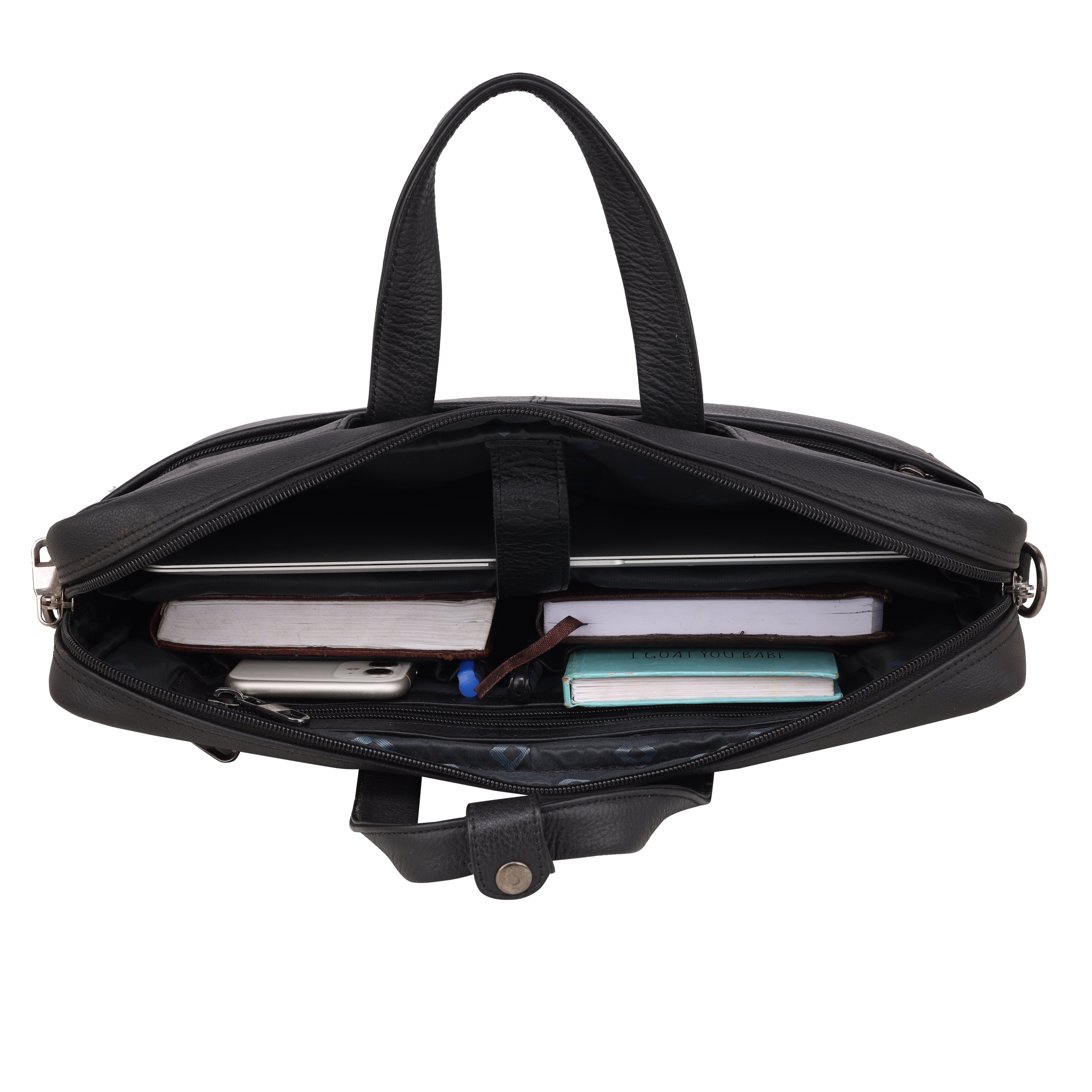 MarkStyling – Sleek Black Leather Laptop Bag with Dual Front Pockets