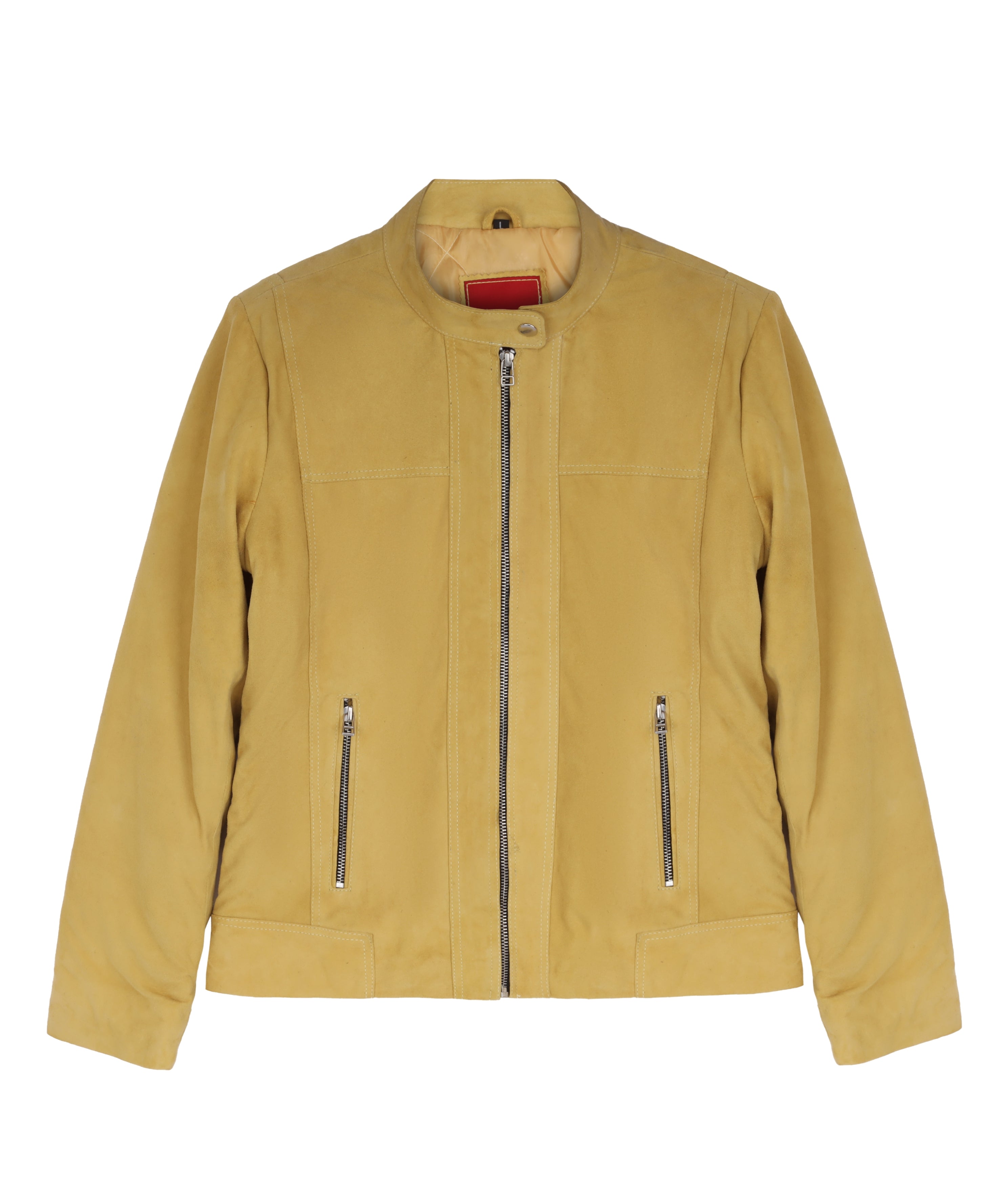 MarkStyling – Women Yellow Suede Leather Jacket with Stand Collar and Zippered Pockets