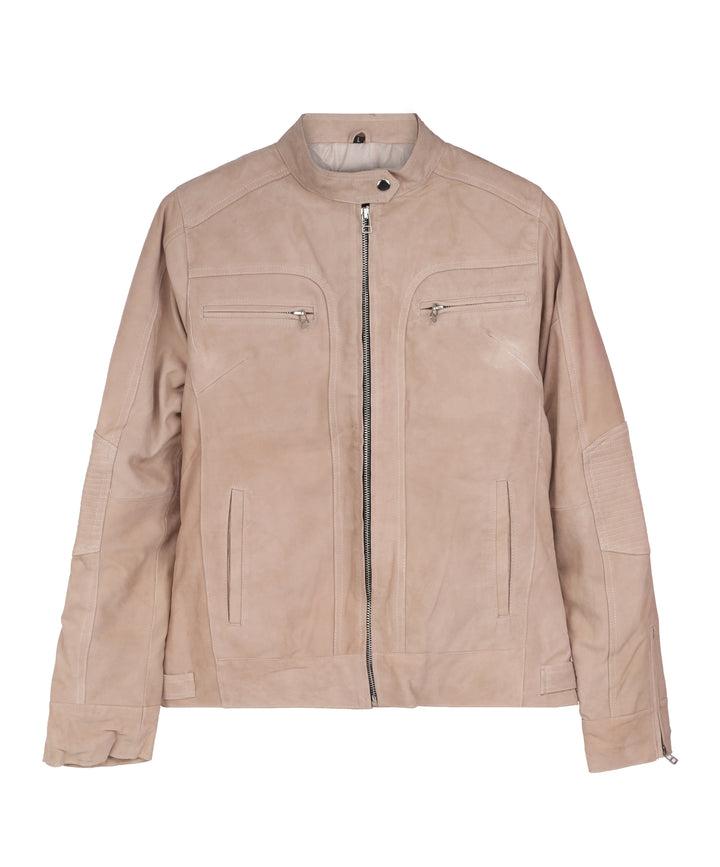 MarkStyling – Women Beige Suede Leather Jacket with Stand Collar and Zippered Pockets