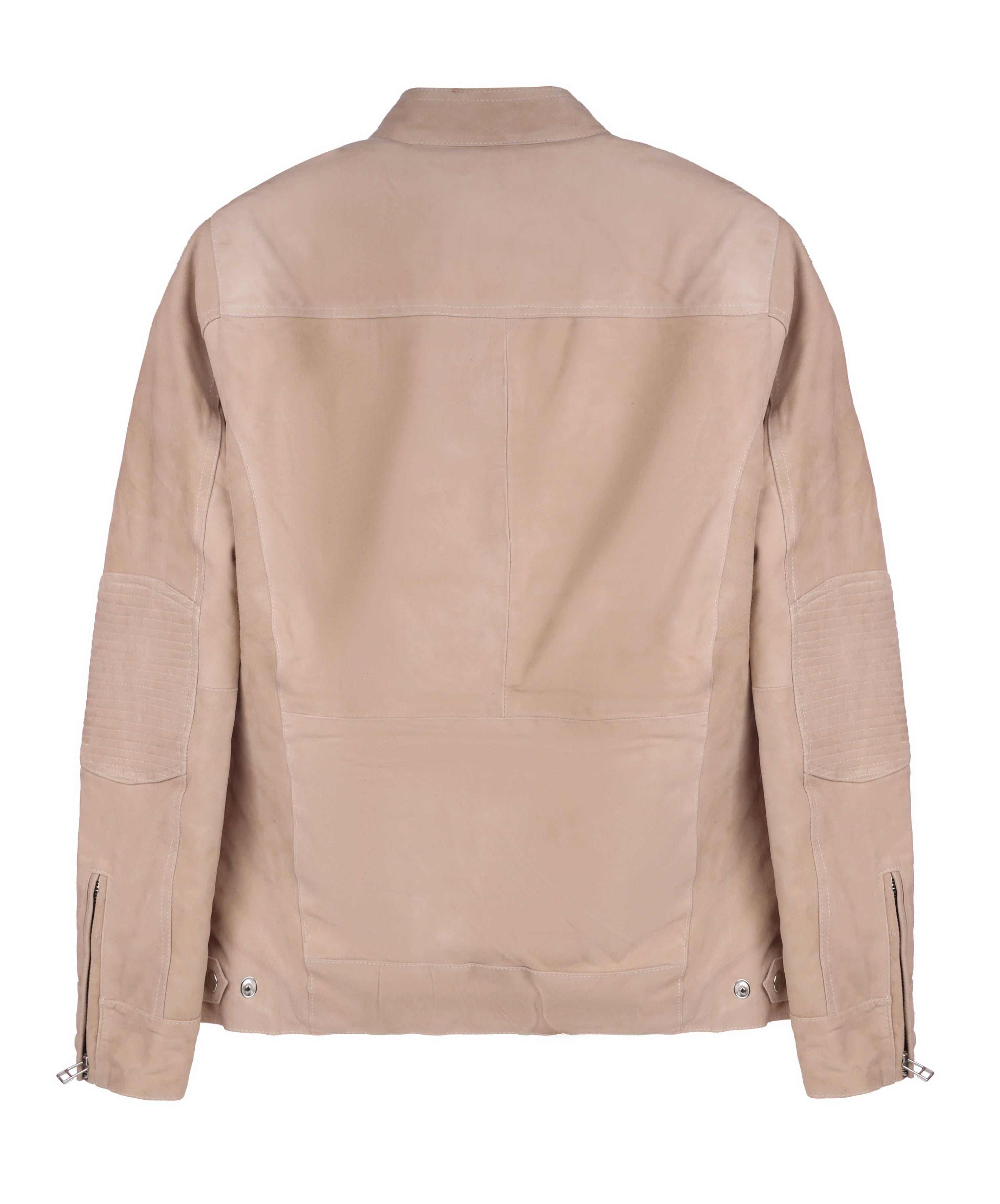 MarkStyling – Women Beige Suede Leather Jacket with Stand Collar and Zippered Pockets