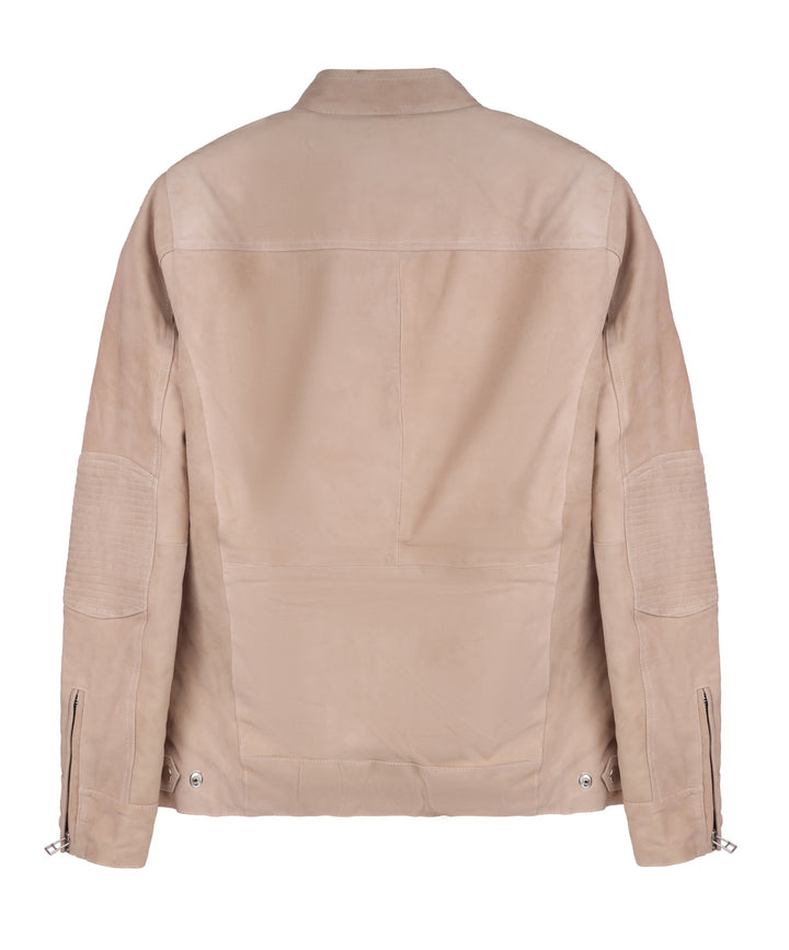 MarkStyling – Women Beige Suede Leather Jacket with Stand Collar and Zippered Pockets