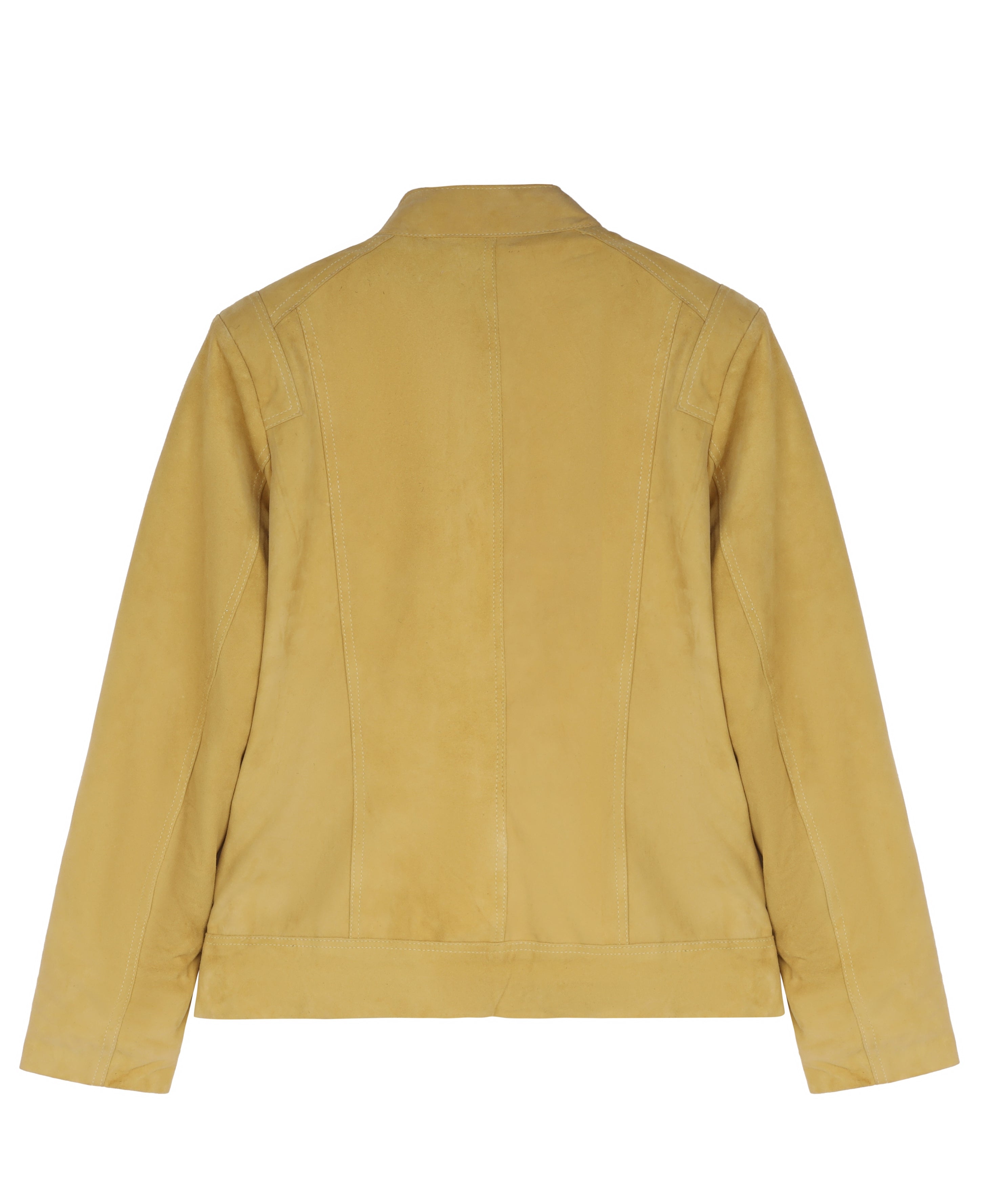 MarkStyling – Women Yellow Suede Leather Jacket with Stand Collar and Zippered Pockets