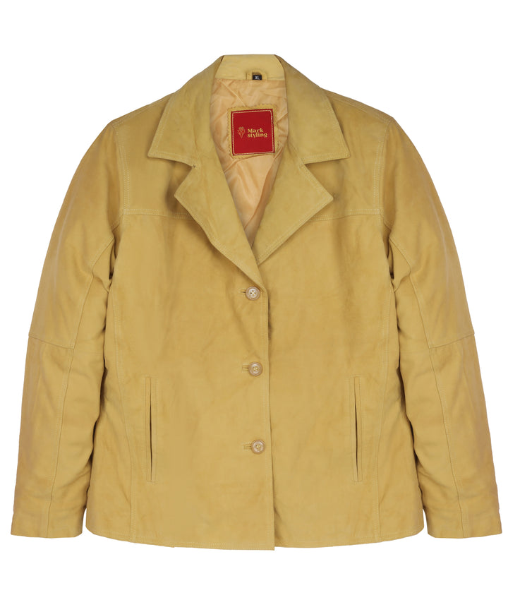 MarkStyling – Women Mustard Suede Leather Jacket with Notched Lapel