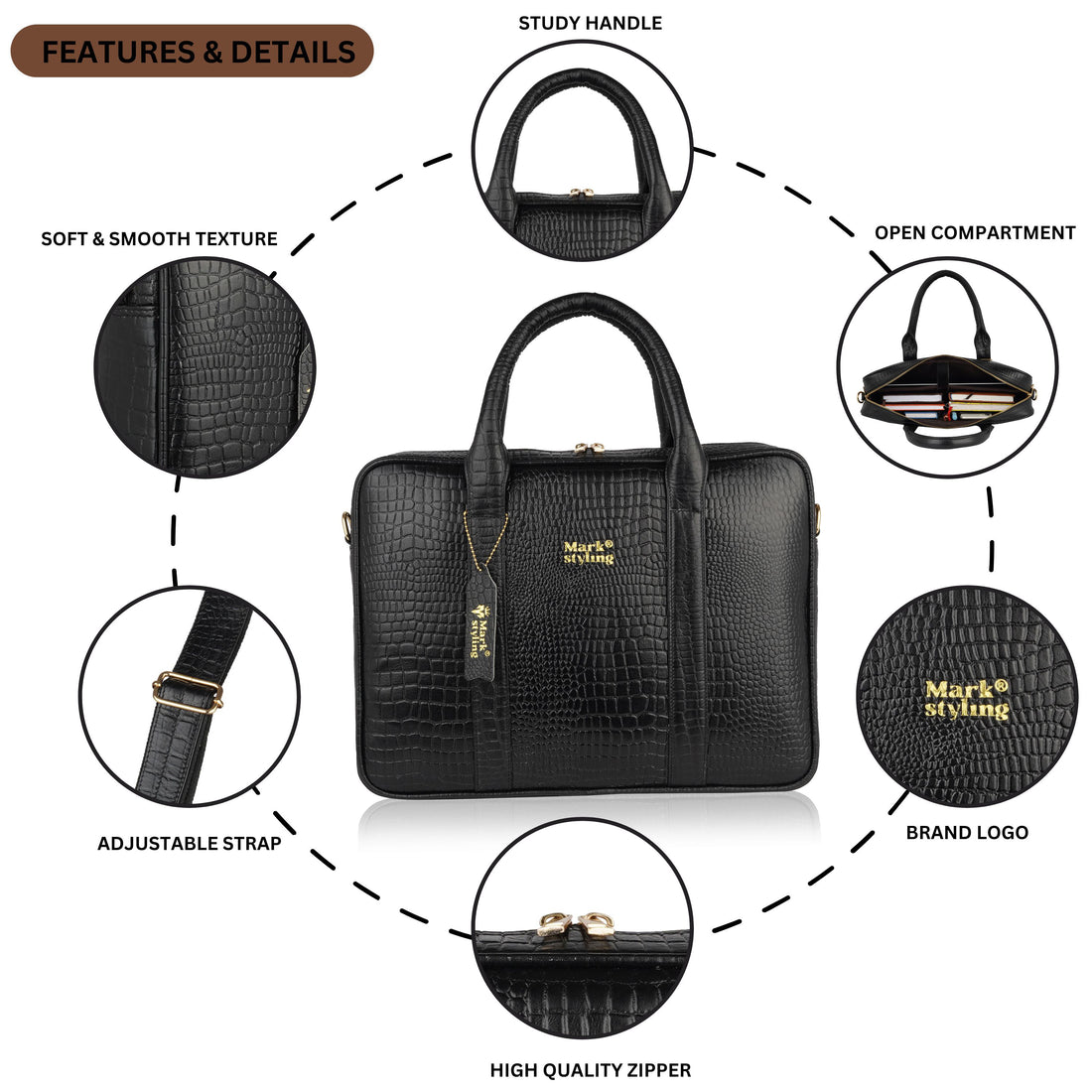 MarkStyling Premium Black Laptop Bag for Men & Women