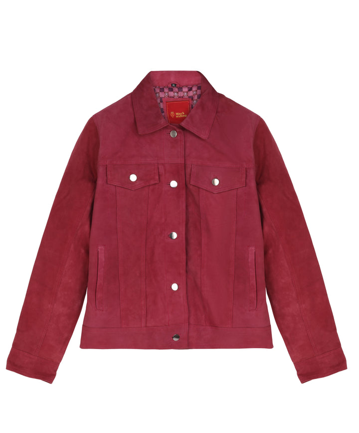 MarkStyling – Women Maroon Suede Leather Jacket with Button Front and Flap Pockets