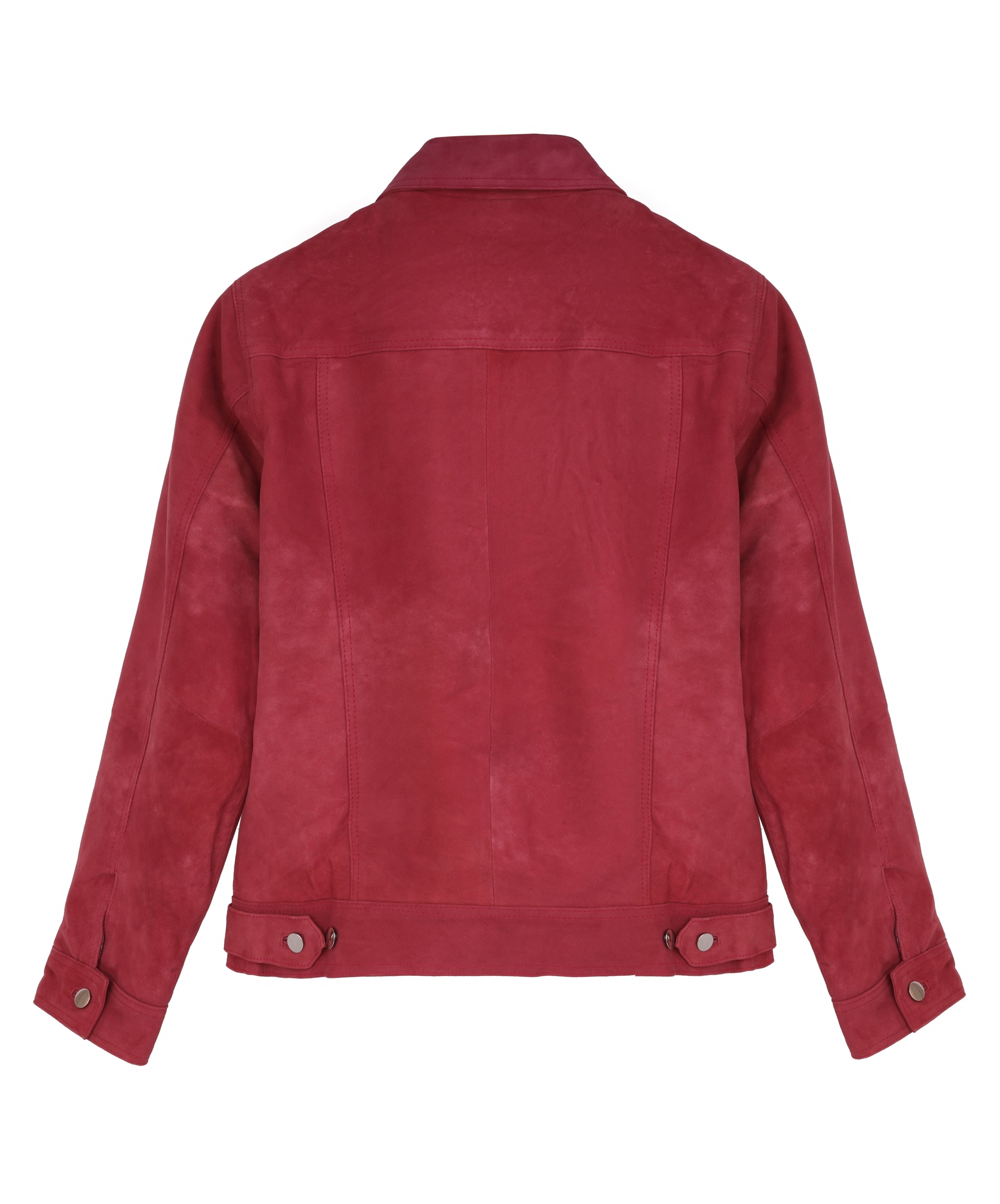 MarkStyling – Women Maroon Suede Leather Jacket with Button Front and Flap Pockets
