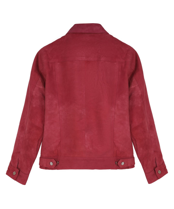 MarkStyling – Women Maroon Suede Leather Jacket with Button Front and Flap Pockets
