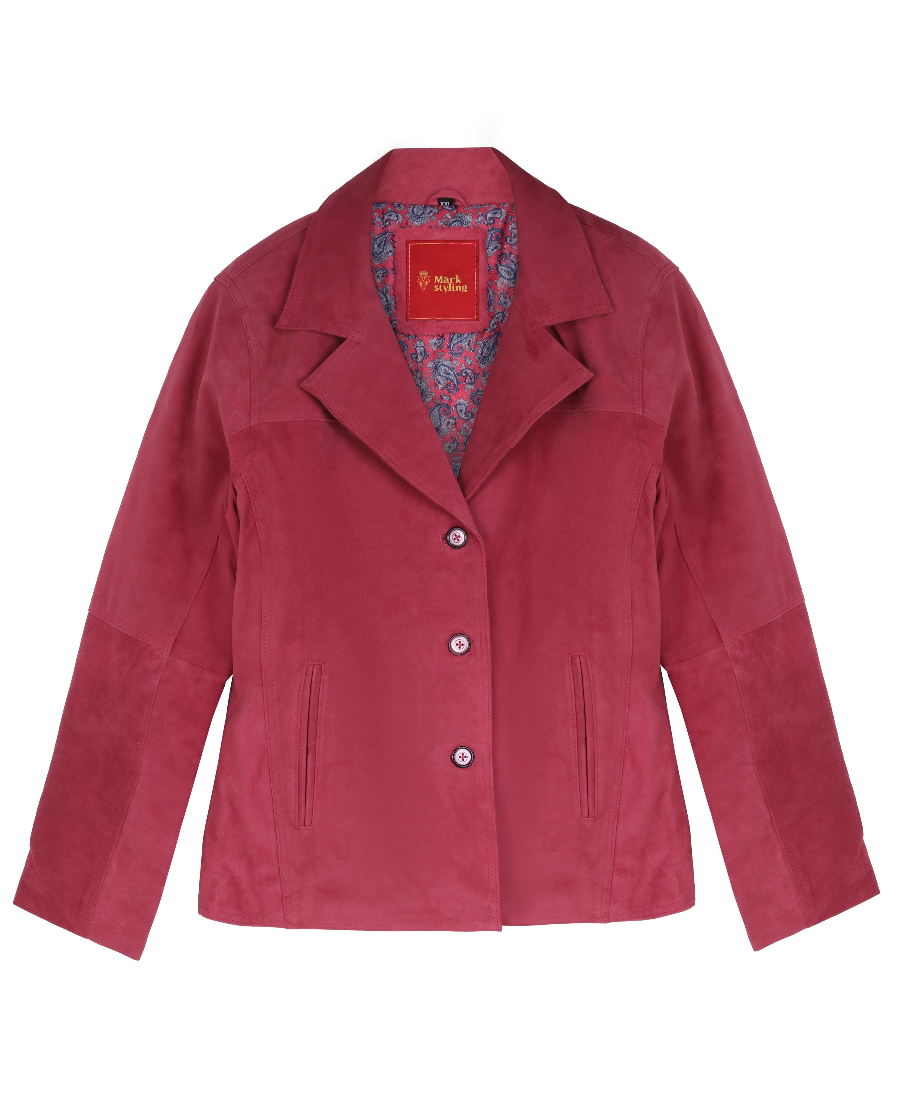 MarkStyling – Women Maroon Suede Leather Jacket with Notched Lapel