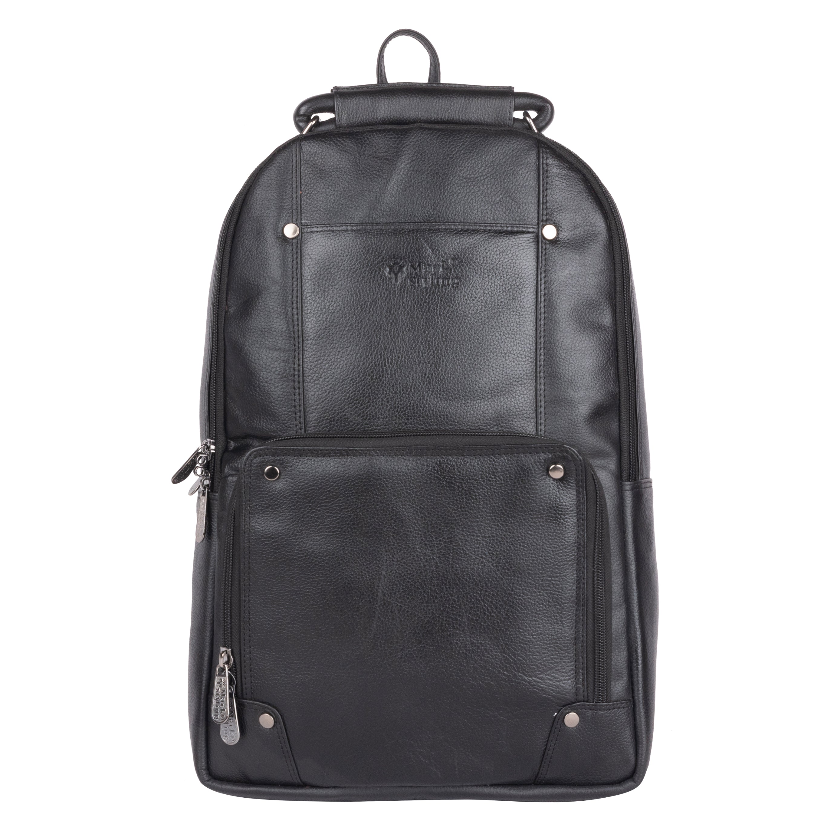 MarkStyling – Classic Black Leather Backpack with Front Utility Pocket