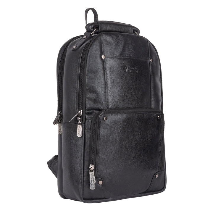 MarkStyling – Classic Black Leather Backpack with Front Utility Pocket