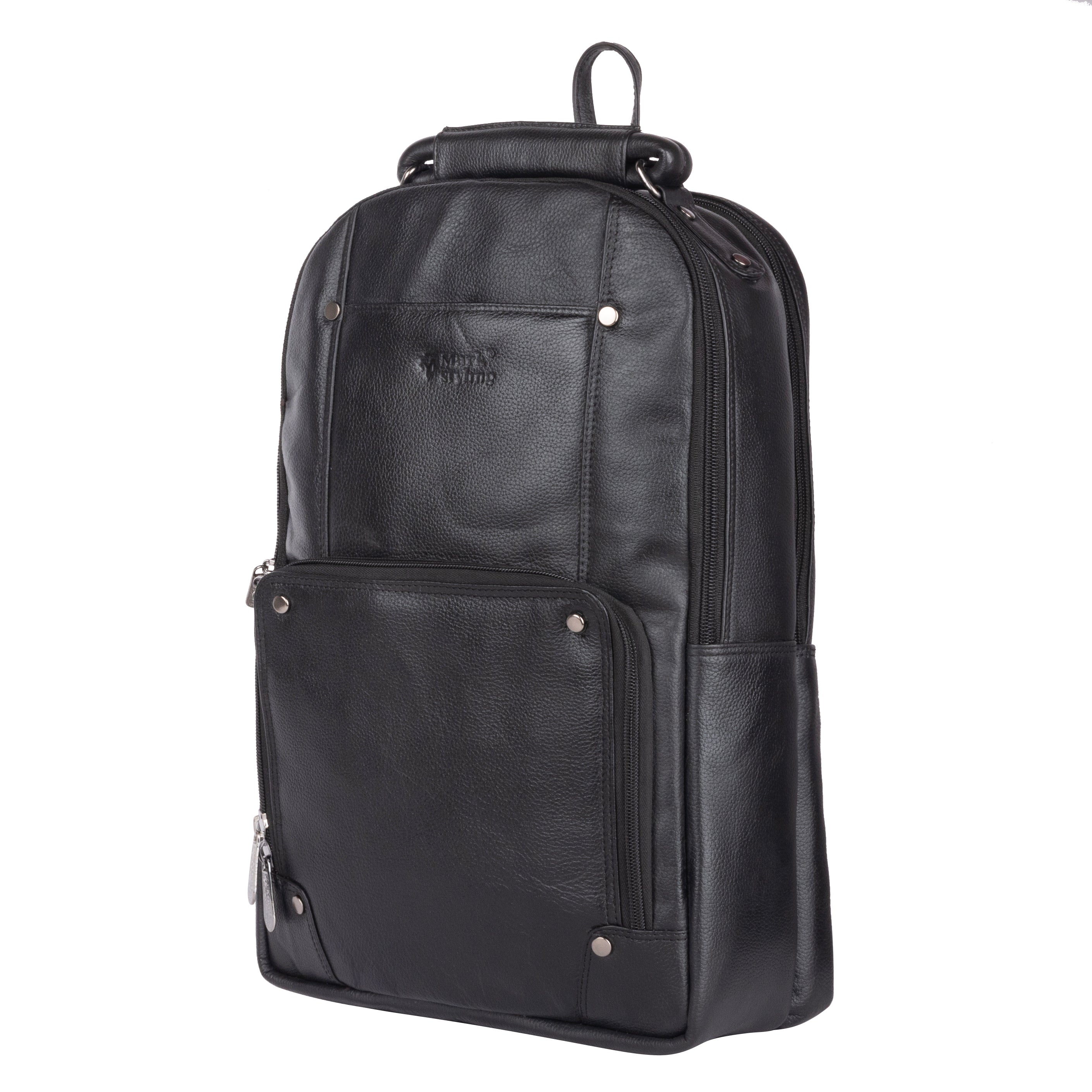 MarkStyling – Classic Black Leather Backpack with Front Utility Pocket