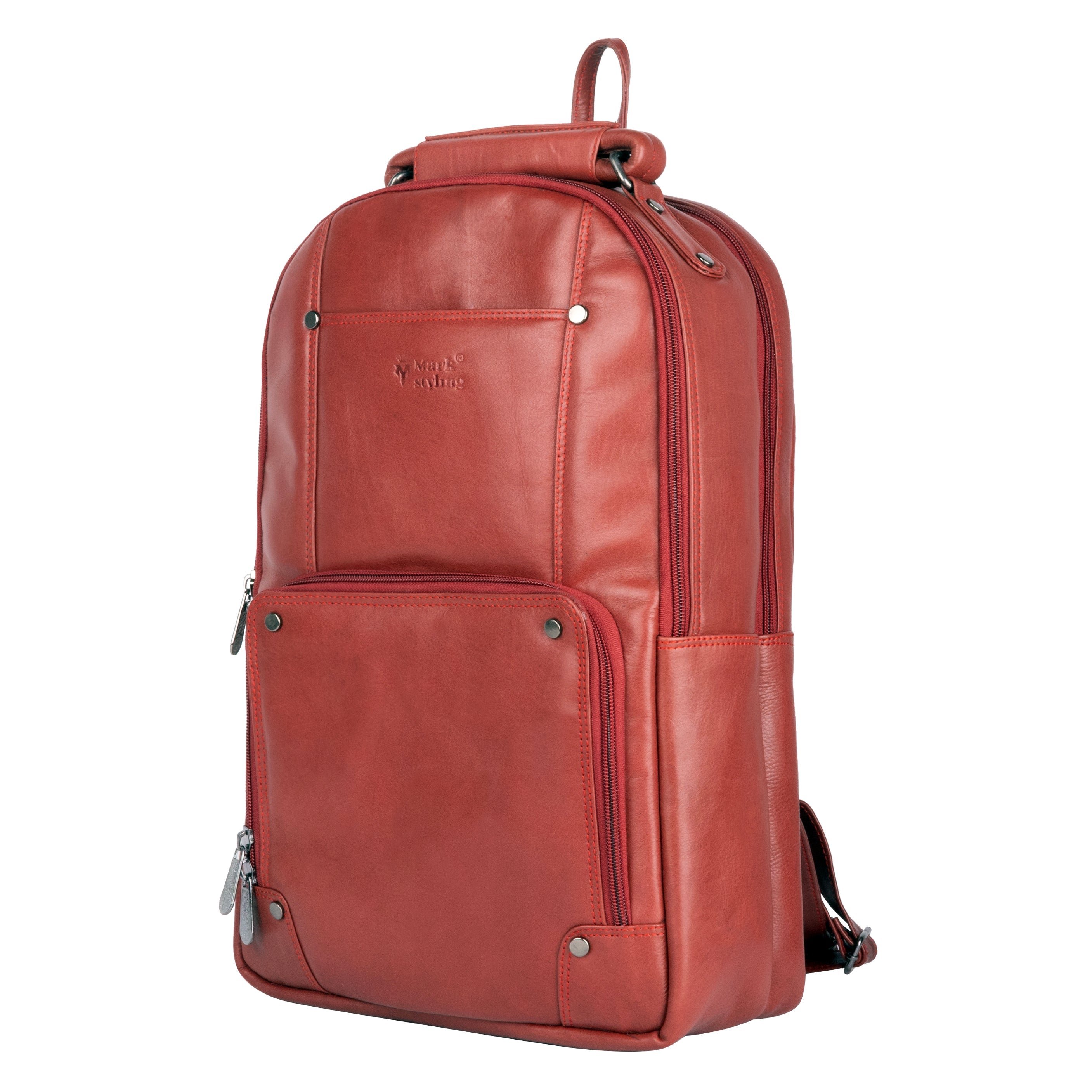 MarkStyling – Elegant Red Leather Backpack with Rivet Accents