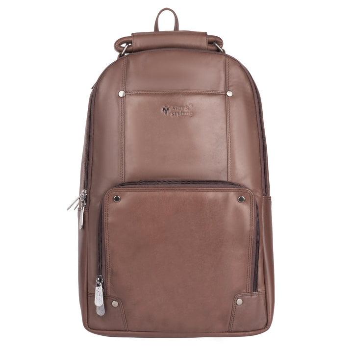 MarkStyling – Classic Brown Leather Backpack with Front Utility Pocket
