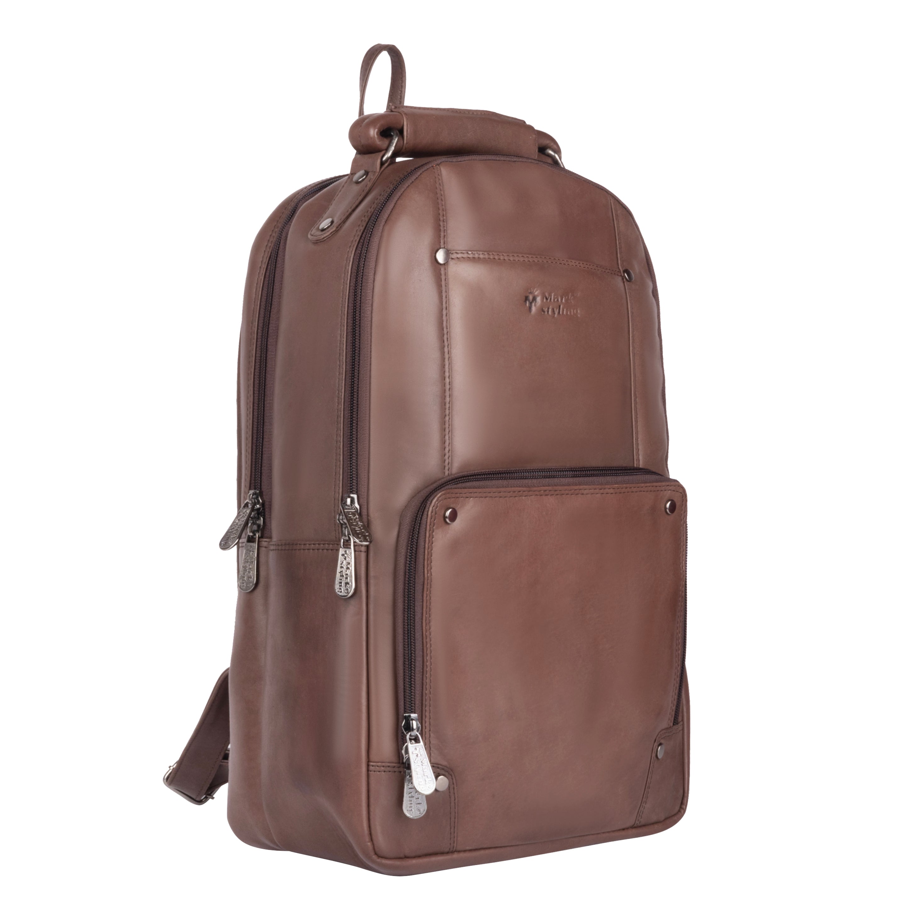 MarkStyling – Classic Brown Leather Backpack with Front Utility Pocket