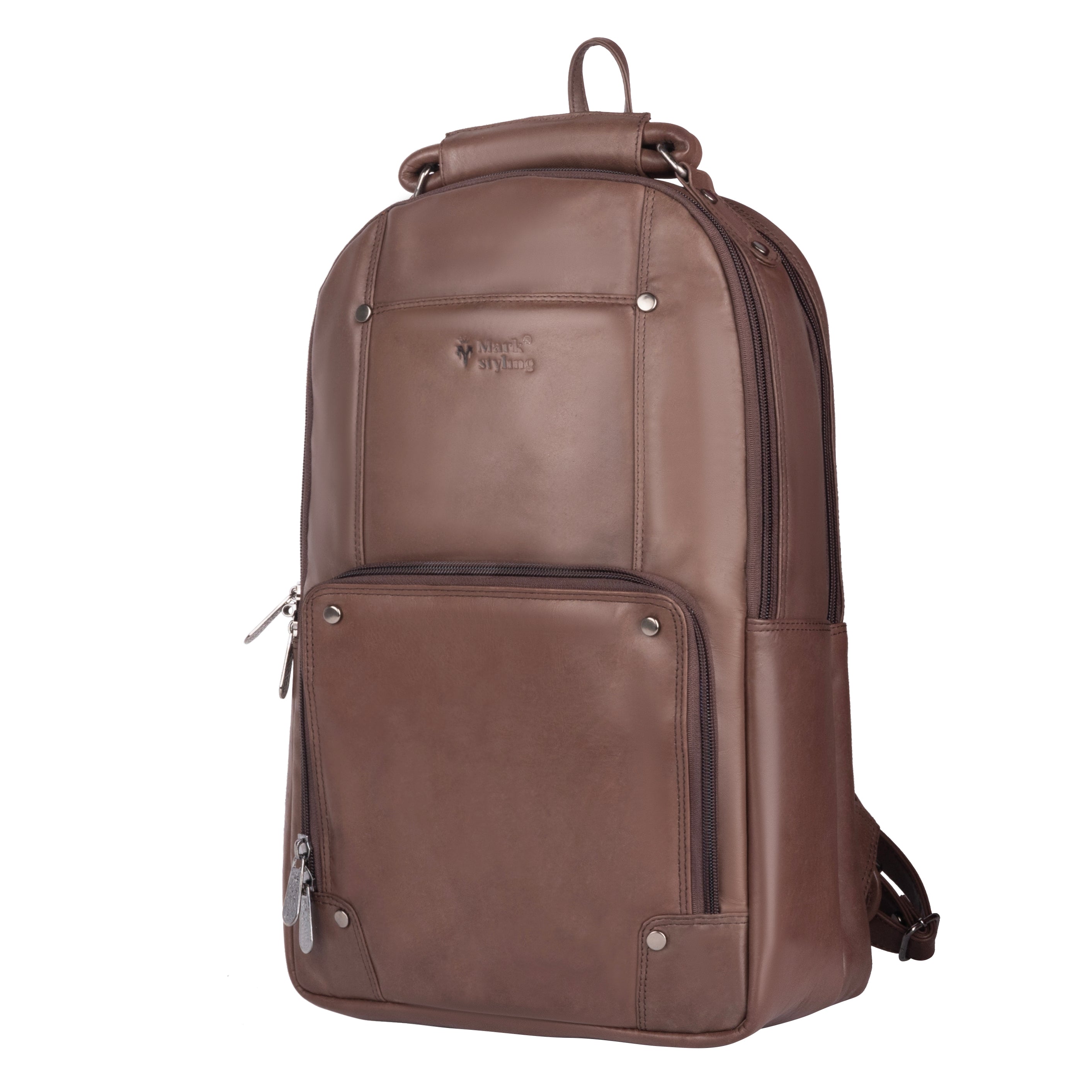 MarkStyling – Classic Brown Leather Backpack with Front Utility Pocket