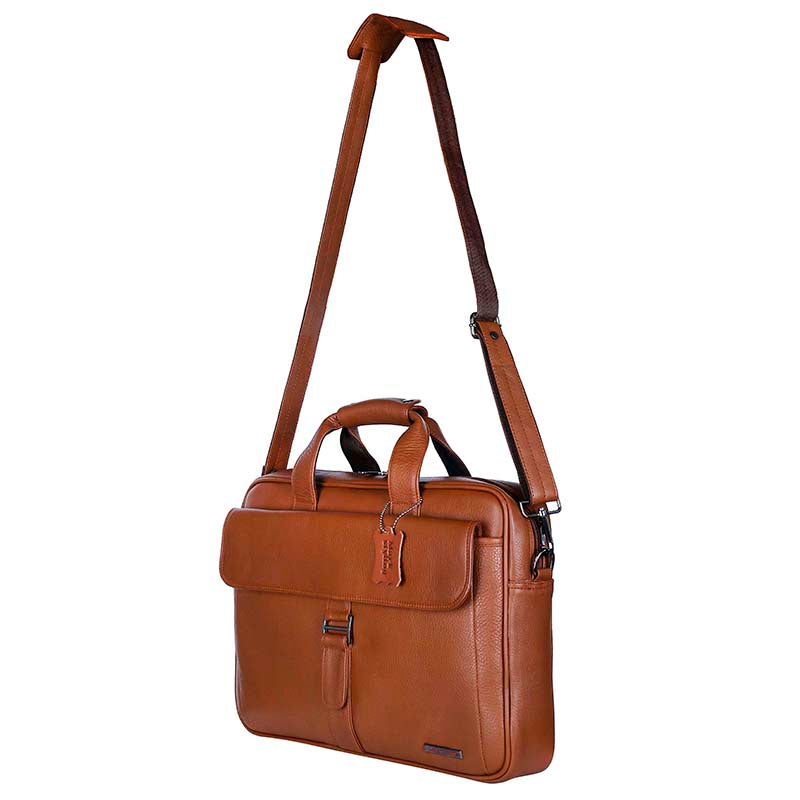 MarkStyling – Tan Leather Office Laptop Bag with Buckle Flap Pocket Design