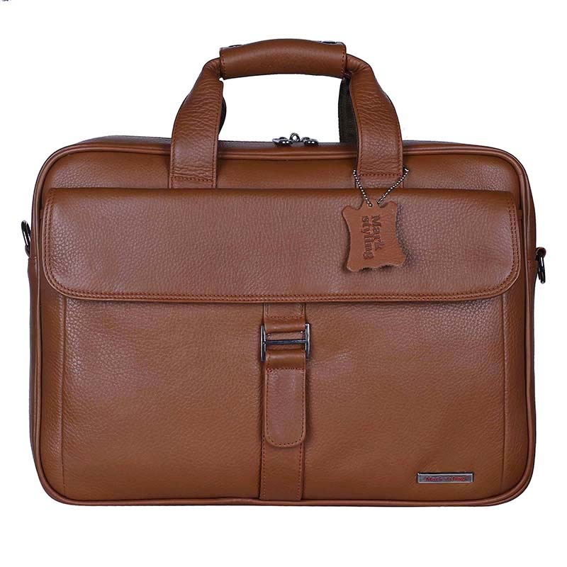 MarkStyling – Tan Leather Office Laptop Bag with Buckle Flap Pocket Design