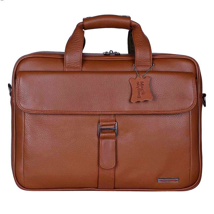 MarkStyling – Tan Leather Office Laptop Bag with Buckle Flap Pocket Design