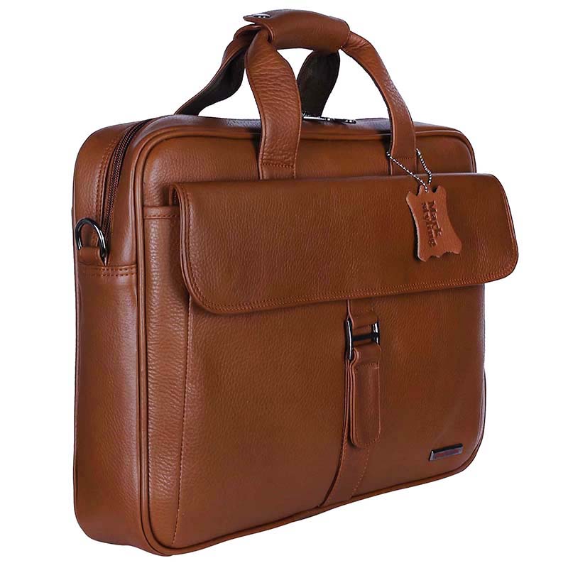 MarkStyling – Tan Leather Office Laptop Bag with Buckle Flap Pocket Design
