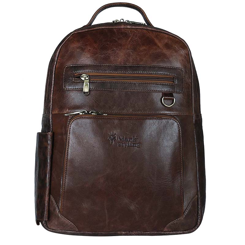 MarkStyling – Rich Brown Leather Backpack with Multiple Zip Compartments