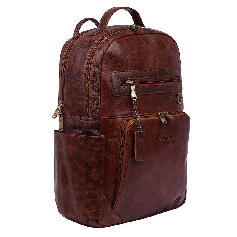 MarkStyling – Rich Brown Leather Backpack with Multiple Zip Compartments