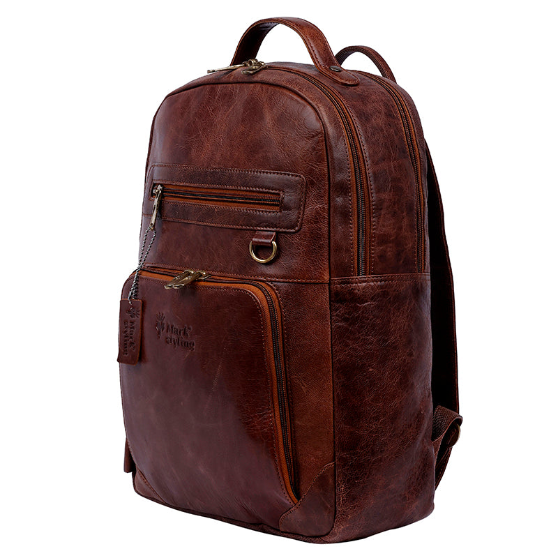 MarkStyling – Rich Brown Leather Backpack with Multiple Zip Compartments