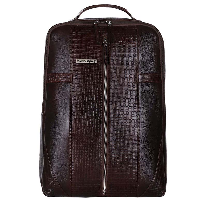 MarkStyling – Textured Burgundy Leather Backpack with Center Zipper and Embossed Design