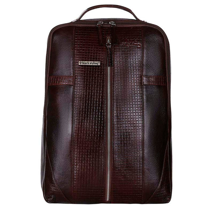 MarkStyling – Textured Burgundy Leather Backpack with Center Zipper and Embossed Design