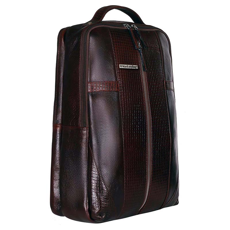 MarkStyling – Textured Burgundy Leather Backpack with Center Zipper and Embossed Design